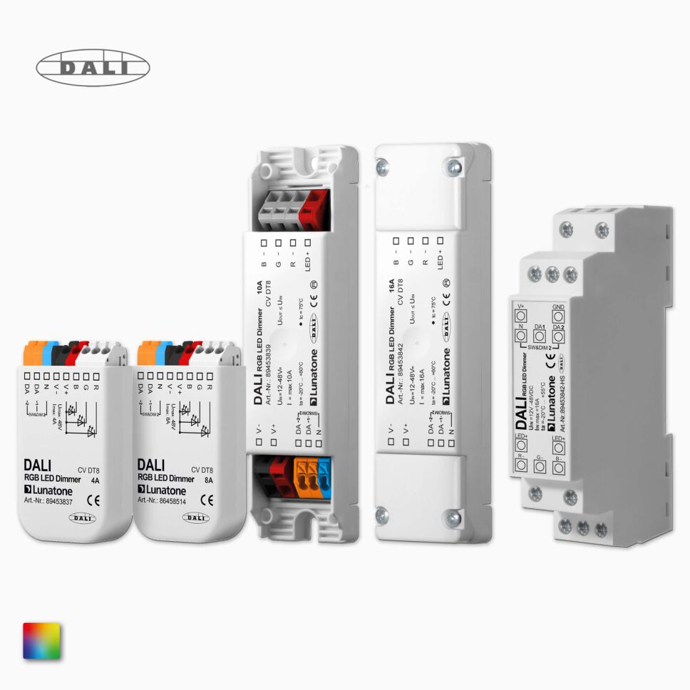 DALI RGB DT8 LED Controller von Lunatone, Übersicht der Serie mit 4 Dimmern nebeneinander, Produktbilder