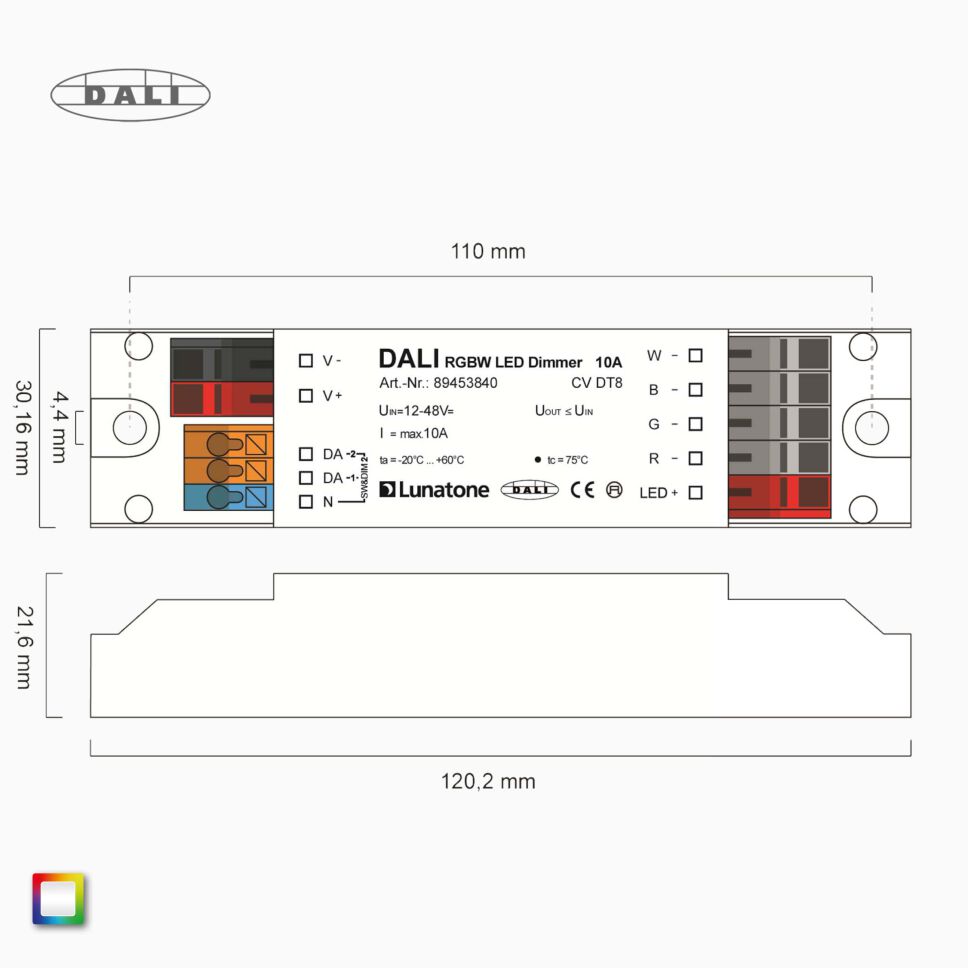 technische Zeichnung des DALI RGBW LED Controller CV DT8 10A 89453840