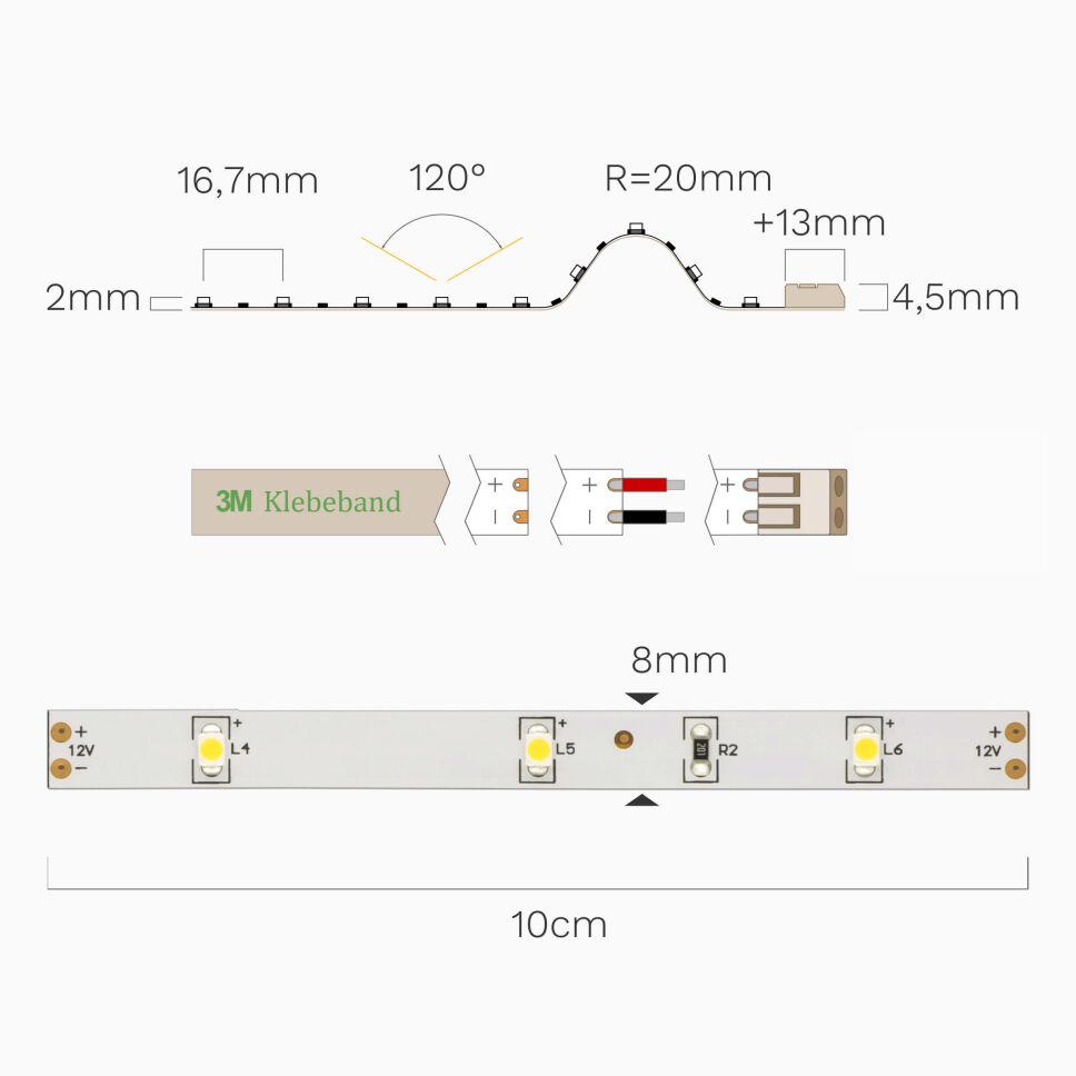 Techniche Abbildung vom neutralweiß leuchtenden 12V LED Streifen. Bemaßung vorhanden