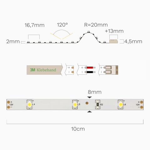 Techniche Abbildung vom neutralweiß leuchtenden 12V LED Streifen. Bemaßung vorhanden