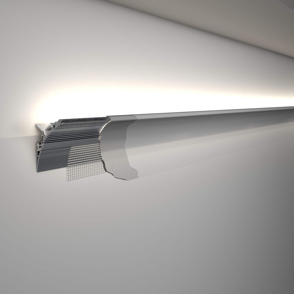 Anwendungsbeispiel zeigt das verbaute LED Alu Profil LIT mit Putzflies und Putz verdeckt. Links im Bild ist ein Schnitt des Profils und dem Verputz