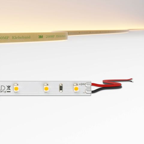 LED Streifen mit Kabelanschluss, 24V Konstantspannung, weißer Leiterplatte mit 10mm Breite.