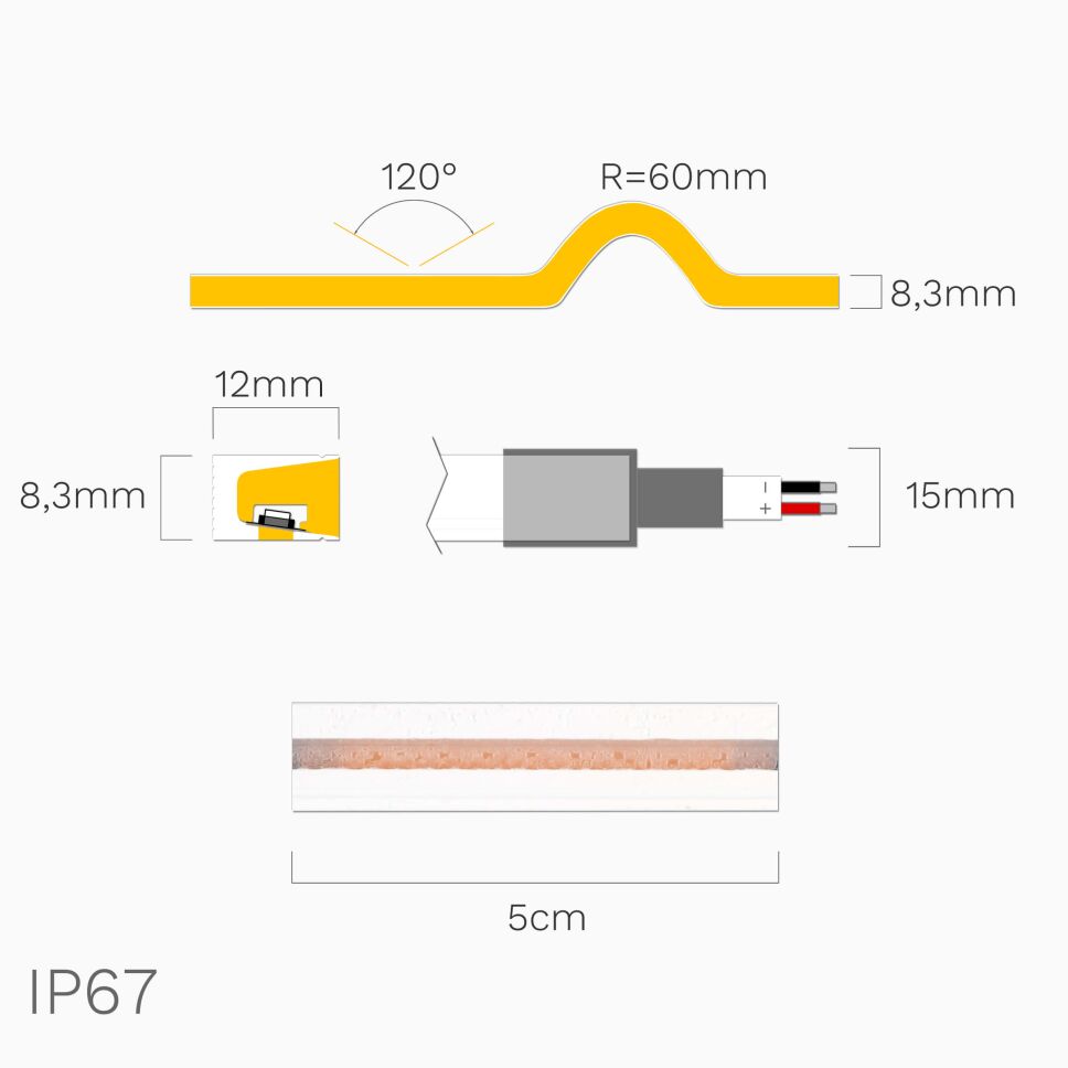 Technische Abbildung vom NEON LED Streifen warmweiß IP67, Rückseite, Seitenansicht und Querschnitt mit Bemaßung