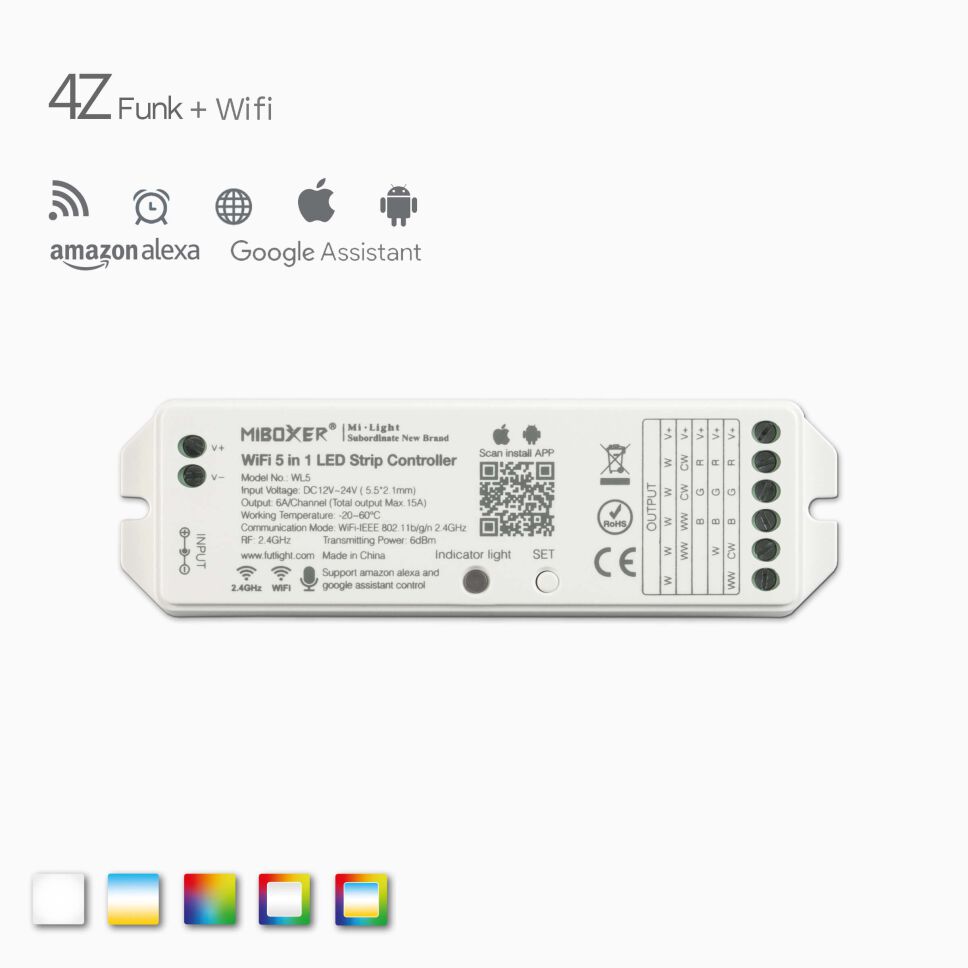Draufsicht vom 4Z+Wifi Funk Empfängers zur Steuerung von mehrfarbigen LED Streifen, weißes Kunststoff-Gehäuse