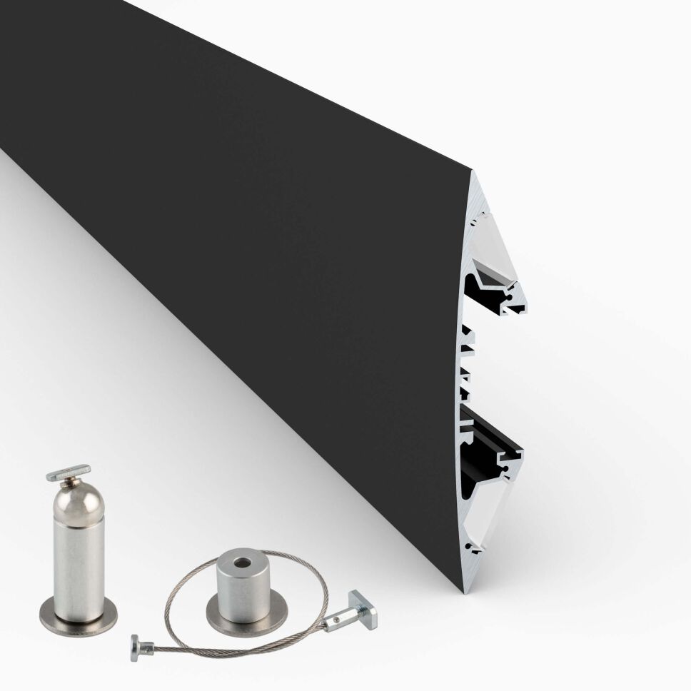 Produktbild vom LED Alu Profil LV in schwarz mit opaler Abdeckung und Montageset bestehend aus Magnet-Befestiger und Seilsicherung