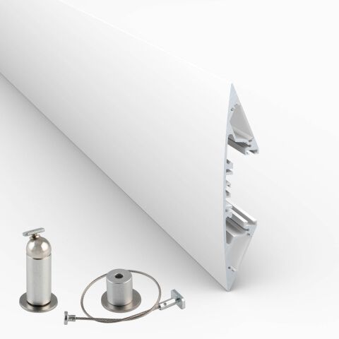Produktbild vom LED Alu Profil LV in matt weiß mit matt opaler Abdeckung und Montageset bestehend aus Magnet-Befestiger und Seilsicherung