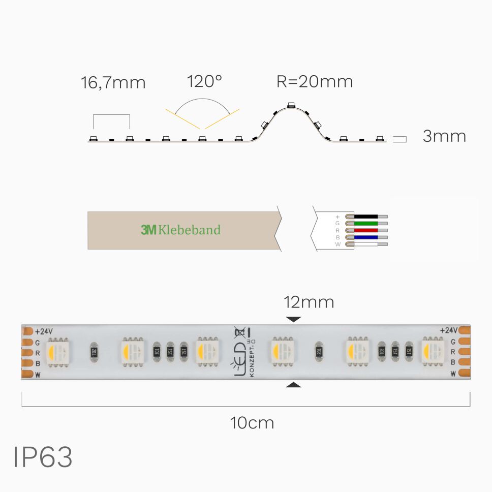 IP63 RGBW LED Streifen warmweiß in der Draufsicht...