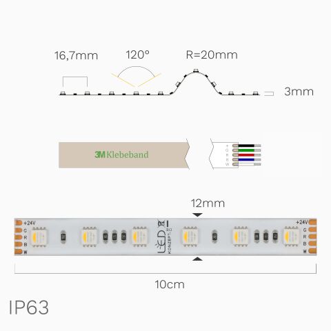 IP63 RGBW LED Streifen warmweiß in der Draufsicht und Seitenansicht inkl. Bemaßung