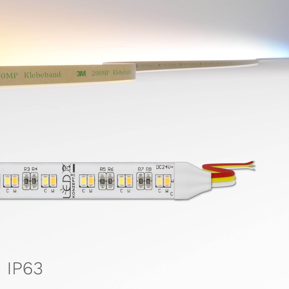 IP63 CCT LED Streifen, dicht bestückt und 10mm breit. Die technische Zeichnung oben zeigt die angebotene Anschlussart Litzenanschluss