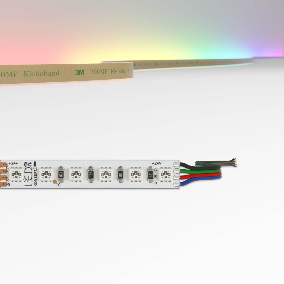 RGB LED Streifen mit 120 LEDs pro Meter und einer Streifenbreite von nur 8mm, oben ist eine technische Zeichnung mit Bemaßung des Streifens, Anschlussart ist blanke Lötkontakte