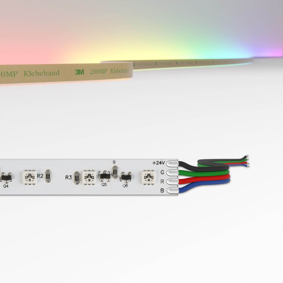 IC RGB LED Streifen mit 60 Stück 3838 RGB SMD LEDs pro Meter, oben ist eine technische Zeichnung mit Bemaßung des Streifens, Anschlussart ist Litzenanschluss