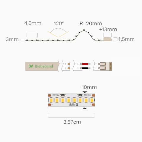 Technische Abbildung vom Hochleistungs-LED-Streifen 12250 mit 3000K Farbtemperatur. Bild ist mit Bemaßung