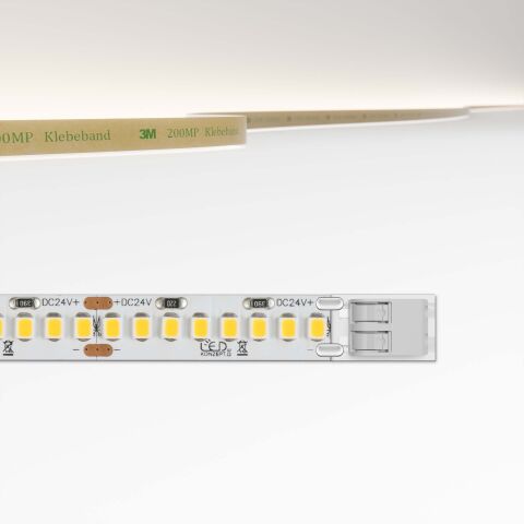 High Power LED Streifen mit 21W pro Meter und neutralweißer Lichtfarbe. LED Streifen ist mit unserem Klemmsystem für LED Streifen ausgestattet