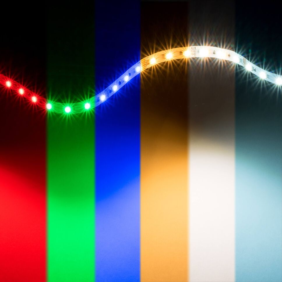 flexibler RGB+CCT LED Streifen zur Welle gelegt. Alle Kanäle (R+G+B+WW+CW) sind eingeschaltet. Maximale Helligkeit