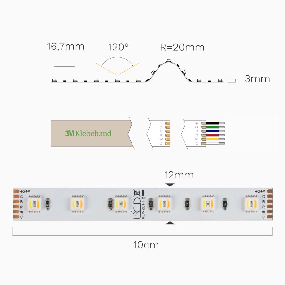 Technische Abbildung vom RGBCCT LED Streifen in der Draufsicht und Seitenansicht mit Bemaßung