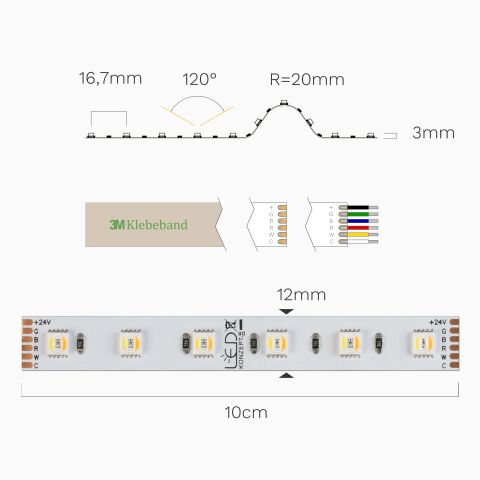 Technische Abbildung vom RGBCCT LED Streifen in der Draufsicht und Seitenansicht mit Bemaßung