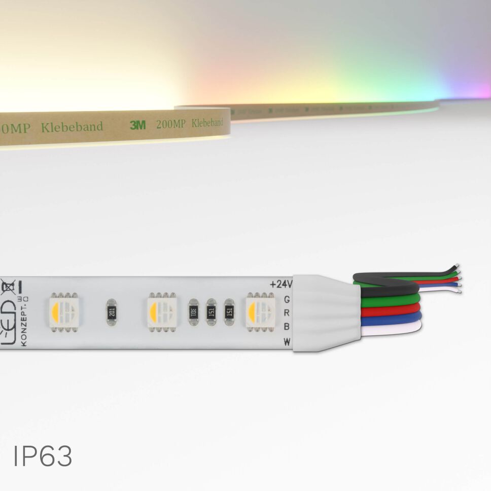 RGBW LED Streifen mit warmweißen und farbigen LEDs in einer SMD LED verbaut, IP63 Schutzart