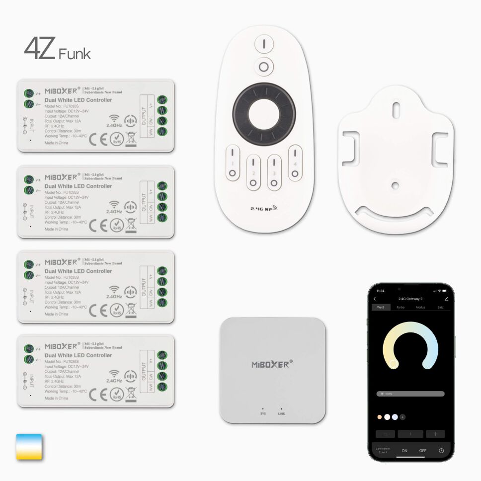 4Z CCT LED Funk Fernbedienung, 4 Funk CCT Controller, Wandhalterung, Wifi-Controller und App-Maske, Produktbild und Lieferumfang