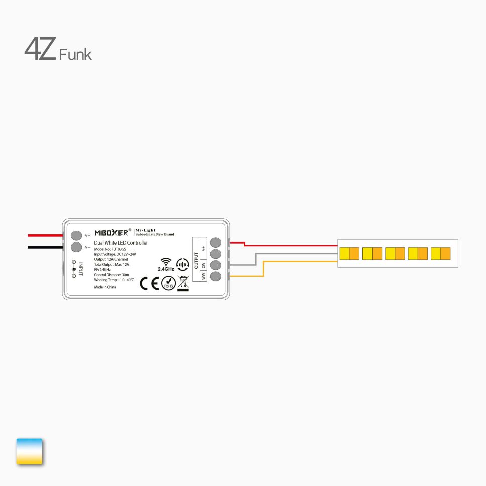 Anschlussplan für den 4Z CCT LED Funk Controller und dualweiße CCT LED Streifen