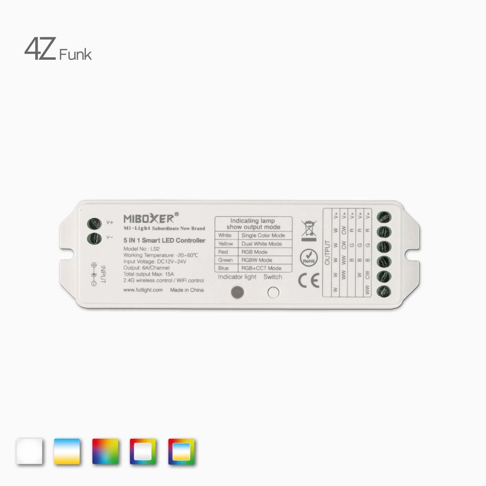 Draufsicht auf den 5-in-1 Funk Controller zur Steuerung von LED Streifen mit 4Z Steuerungeinheiten.