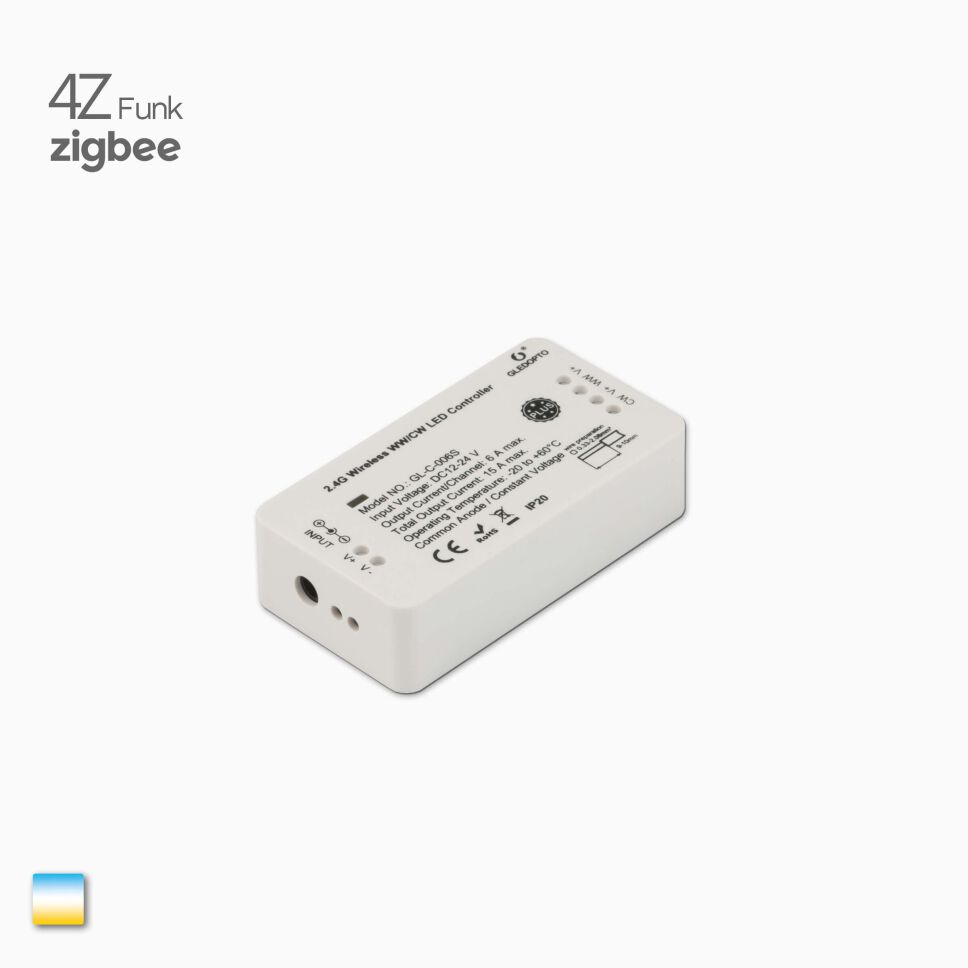 4Z + ZIGBEE CCT LED Funk Controller im hellgrauen Gehäuse aus Kunststoff. DC-Buchse und ein Paar Schraubklemmen sind eingangsseitig zu sehen.