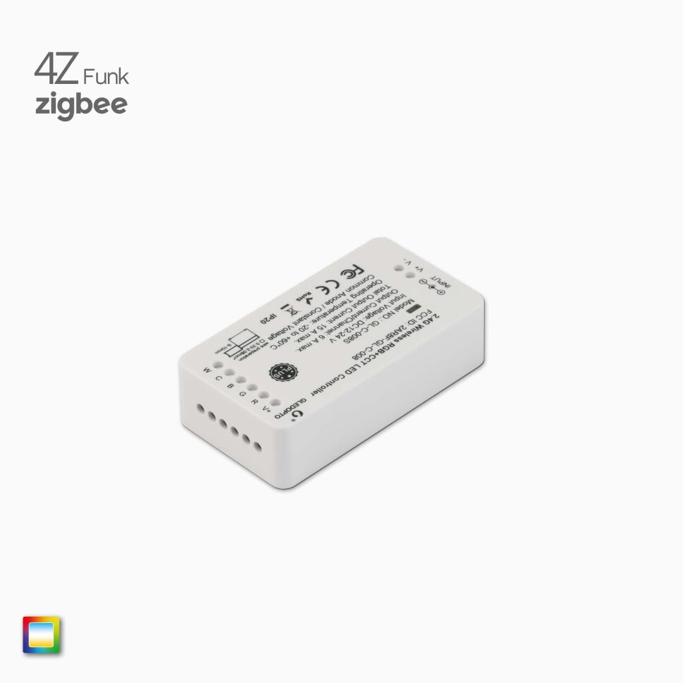 RGB + CCT LED Funk Controller für ZIGBEE und 4Z. Anschlusseite für den Anschluss von RGBCCT LED Streifen.