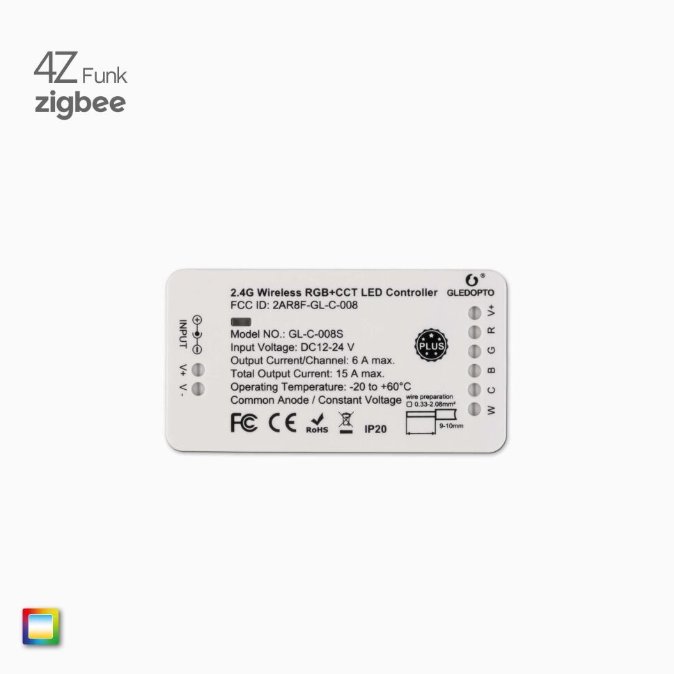 RGB + CCT LED Funk Controller für ZIGBEE und 4Z. Anschlusseite für den Anschluss von RGBCCT LED Streifen.