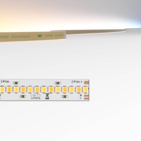 dicht bestückter High Power CCT LED Streifen mit 12mm Breite, oben im Bild ist eine Darstellung der Lichtfarbe, Anschluss ist Lötkontakte