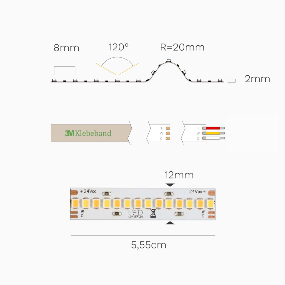 Technische bemaßte Darstellung des 22 Watt CCT LED Streifens mit allen nötigen Angaben für den Einbau und verfügbaren Anschlussarten