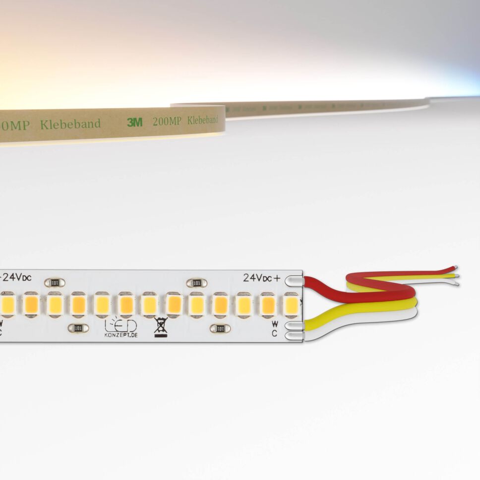dicht bestückter High Power CCT LED Streifen mit 12mm Breite, oben im Bild ist eine Darstellung der Lichtfarbe, Anschlussart ist Litzenanschluss