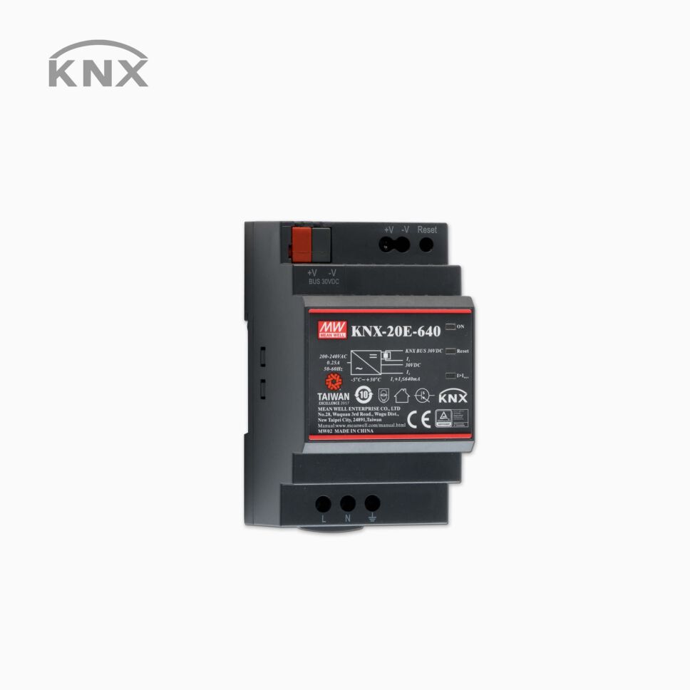 Produktbild vom KNX Schaltnetzteil MeanWell KNX-20E-640, freigestellt vor grauen Hintergrund
