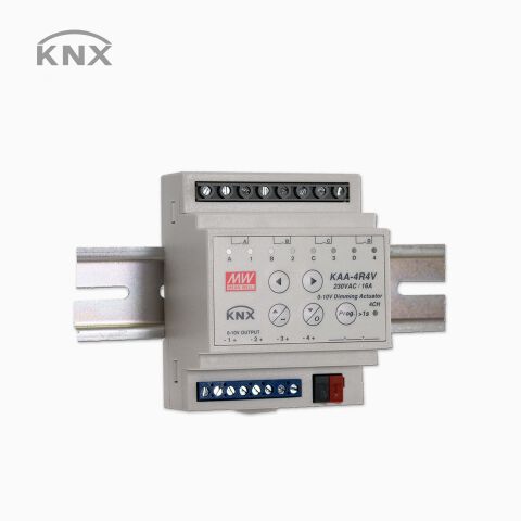 KNX Dimm und Schaltaktor KAA-4R4V von MeanWell, freigestelltes Produktbild vor grauen Hintergrund