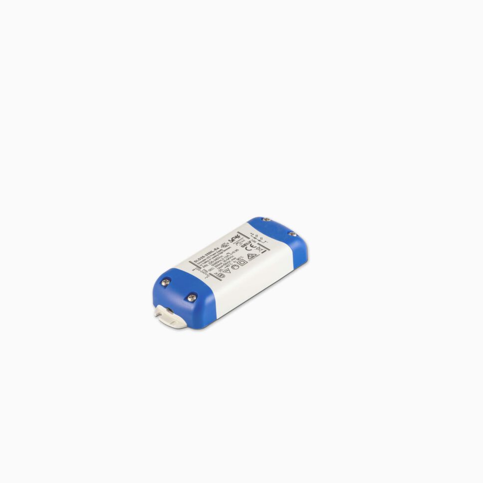 TRIAC LED Konstantstrom-Netzteil SLD20-700IL-ES mit 20 Watt bei 700mA im weißen Kunststoffgehäuse mit blauen Abdeckkappen