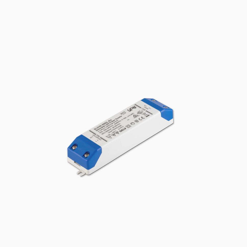 TRIAC LED Konstantstrom-Netzteil SLD30-500IL-ES mit 30 Watt bei 500mA im weißen Kunststoffgehäuse mit blauen Abdeckkappen
