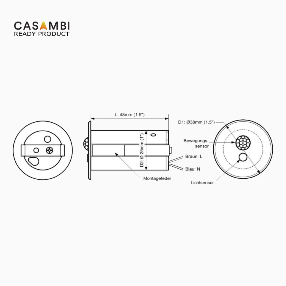 Technische Zeichnung vom CASAMBI Bewegungsmelder mit AC Stromversorgung. Zeichung ist mit Bemaßung und freigestellt vor grauen Hintergrund