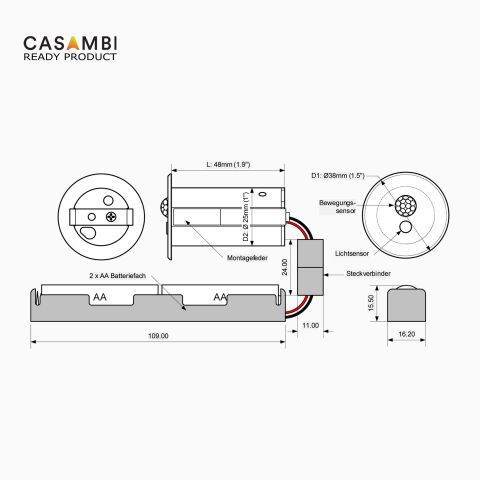 Technische Zeichnung des CASAMBI Bewegungssensors mit Batteriebetrieb.