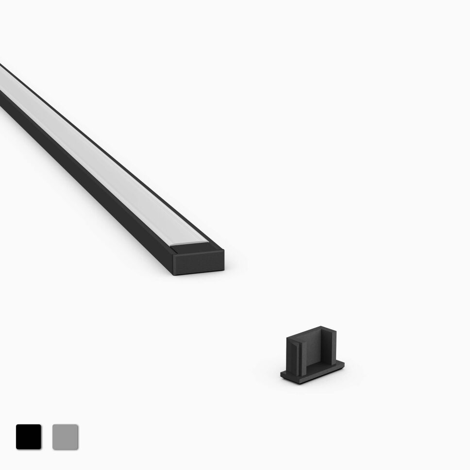 schwarze Endkappe für Profil SK aus Kunststoff, Produktbild und Anwendungsbeispiel