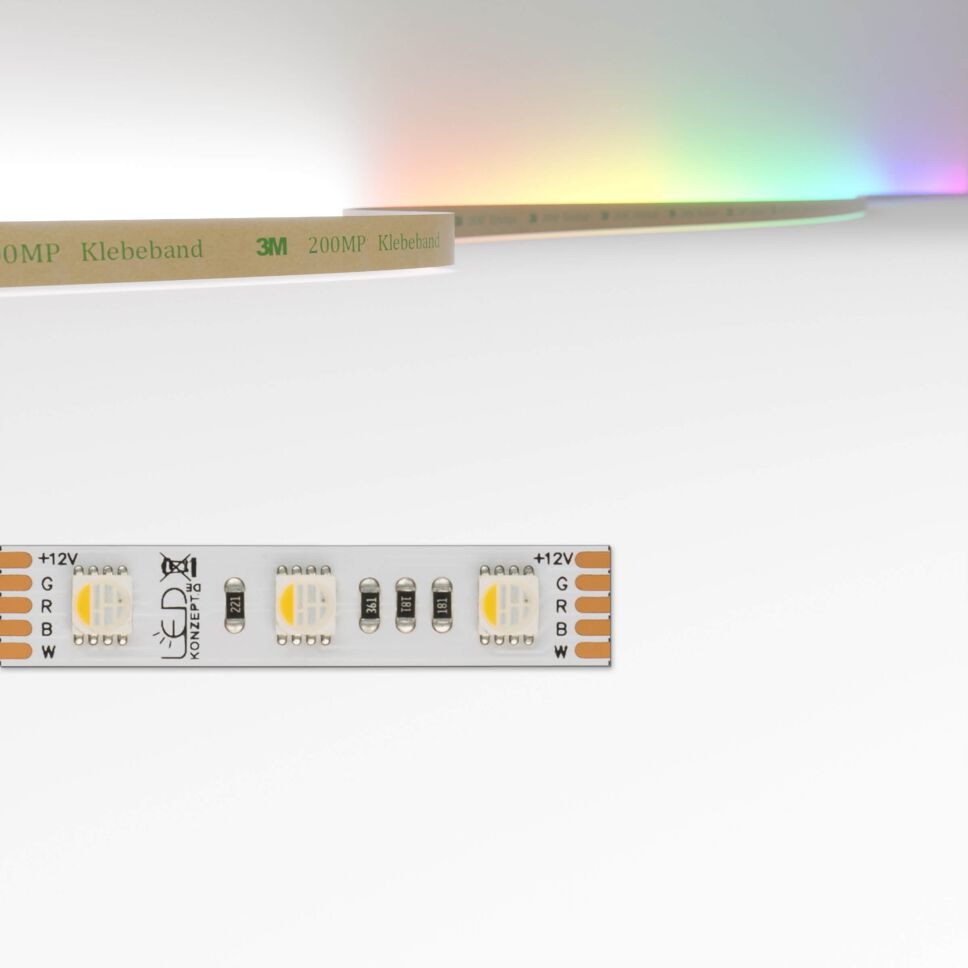 RGBW LED Streifen mit neutralweißen Licht, 10mm Breite, Produktbild vor grauen Hintergrund