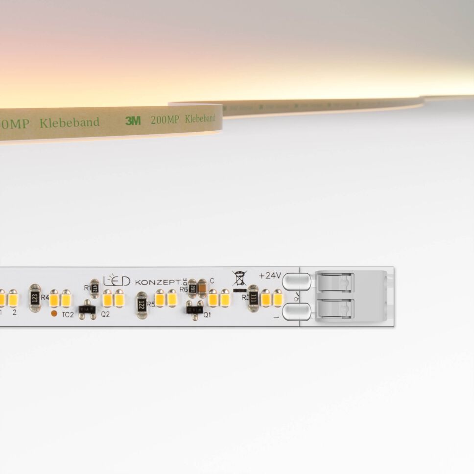DTW LED Streifen mit Klemmsystem, Produktbild freigestellt vor grauen Hintergrund, oben im Bild ist eine technische Zeichnung des Streifens