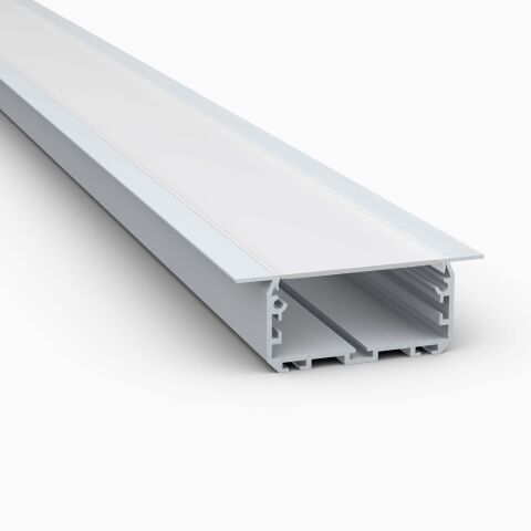 Produktbild vom LED Alu Profil LARKO-50 mit flacher opaler Abdeckung, freigestellt vor grauem Hintergrund