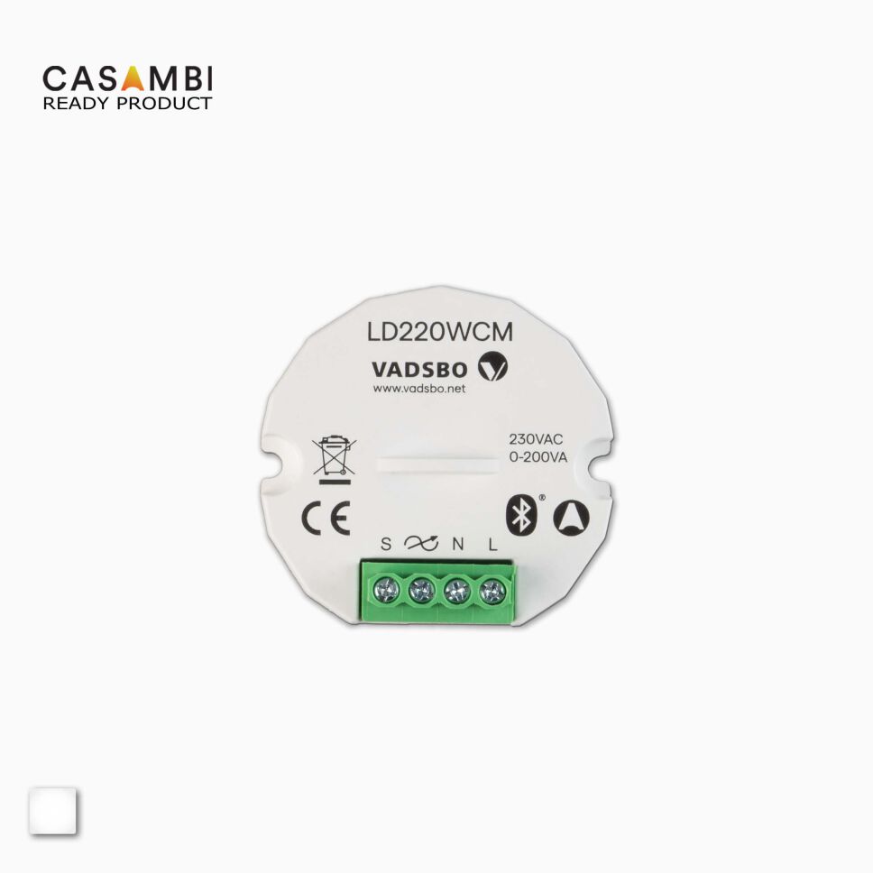 Frontansicht vom CASASMBi 230VAC Bluetooth Dimmer mit Tasteranschluss, Produktbild vor grauen Hintergrund