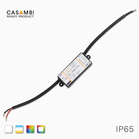 Draufsicht auf den CASAMBI CBU-PWM4-IP65 im schwarzen Kunststoffgehäuse mit schwarzen Zuleitungen