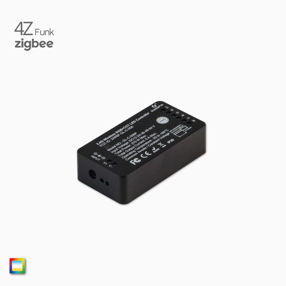 Produktbild vom ZIGBEE 3.0 RGB+CCT Funk Controller zur Ansteuerung von dualweiß-farbigen RGBCCT LED Streifen, Kavalierssperpektive vom freigestellten Produkt