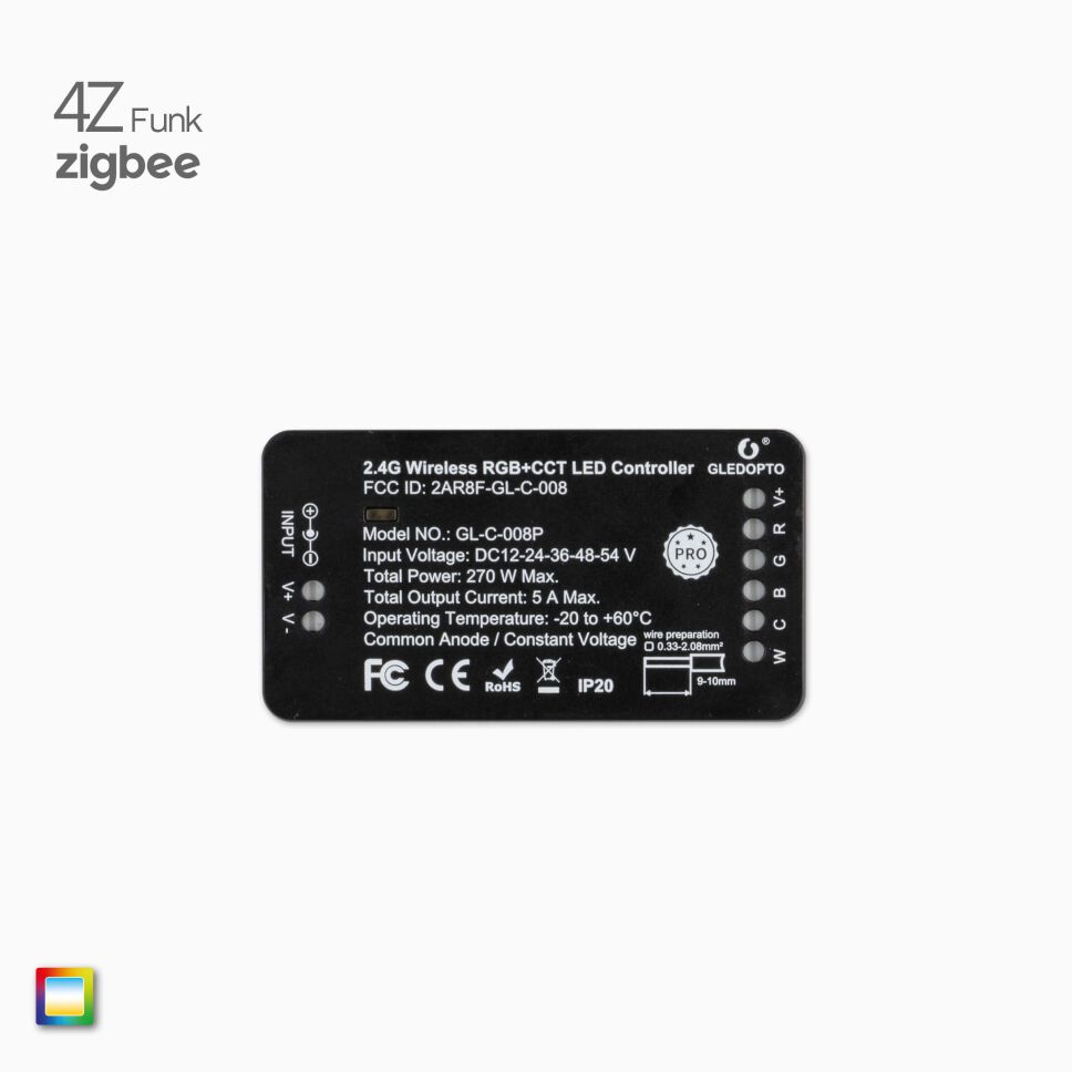 Artikelbild vom ZIGBEE 3.0 RGB+CCT LED Funk Controller. Frontseite zeigt Anschlussklemmen für RGBCCT LED Streifen