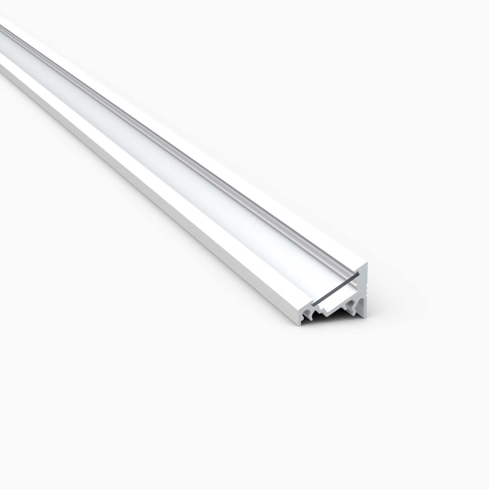 Produktbild vom LED Alu Profil E mit 30° bzw. 60° Grad Winkel, pulverbeschichtet weiß (RAL9003) mit transparenter Abdeckung zum Einschieben