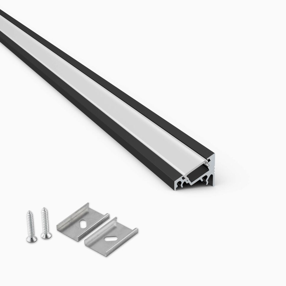 schwarz eloxierte LED Alu Eckprofil E mit opaler Abdeckung zum Einclipsen und Montageclips