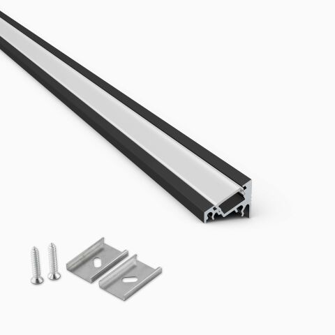 schwarz eloxierte LED Alu Eckprofil E mit opaler Abdeckung zum Einclipsen und Montageclips