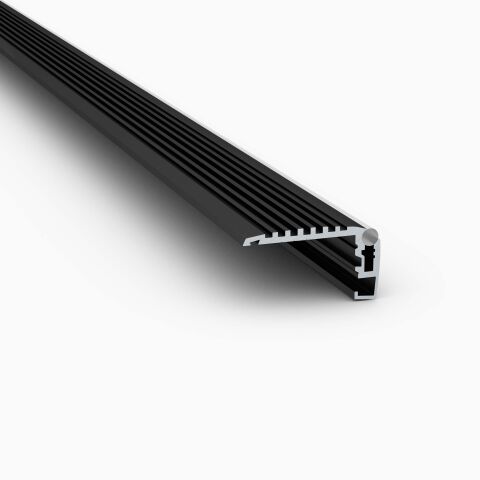 Produktbild vom LED Alu Treppenstufenprofil STEKO in schwarz eloxiert, freigestellt vor grauen Hintergrund