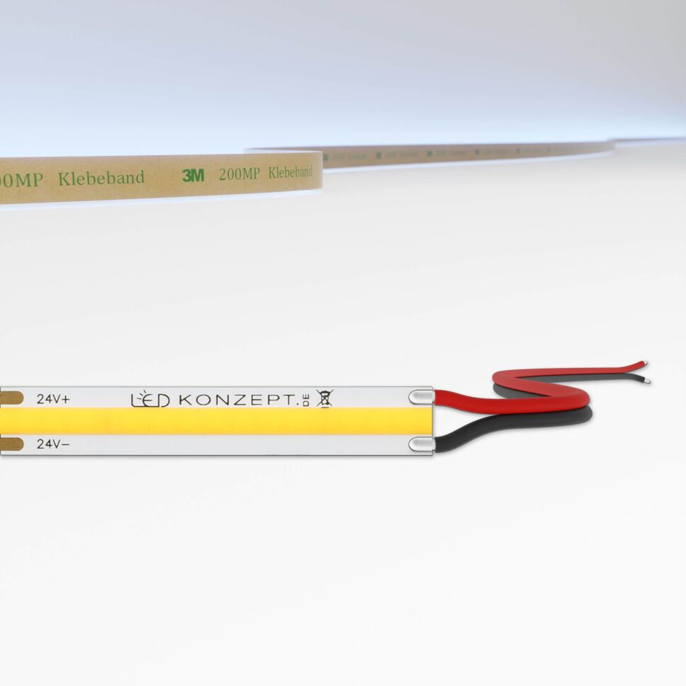 Produktbild vom kaltweißen COB LED Streifen mit Litzenanschluss.  Die Farbtemperatur wird oben im Bild gezeigt