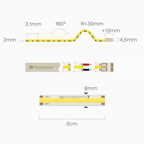 Technische Darstellung vom COB LED Streifen mit 5W und kaltweiß. Draufsicht und Seitenansicht mit Bemaßung